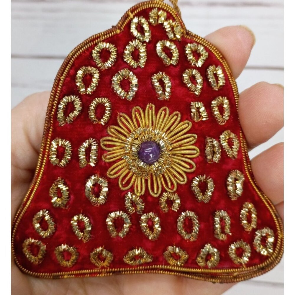 Red Velvet Bell Ornament With Gold Embroidery & Purple Gemstone Accent For Holid